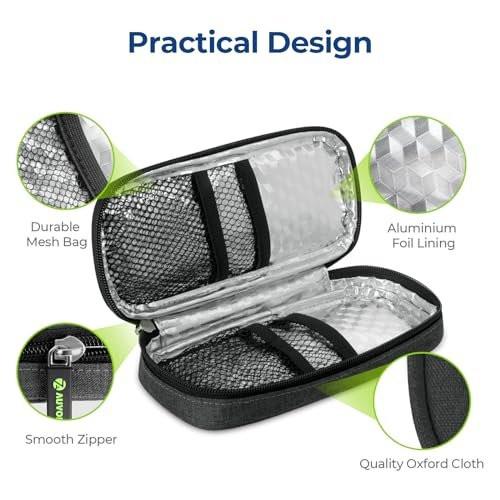 AUVON Insulin-Kühltasche mit 2 x 90g TSA-geprüften Kühlakkus – Isolierte Kühltasche für Insulin-Pens und Diabetikerzubehör – Kompakt für Alltag und Reisen