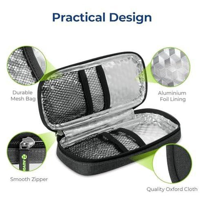 AUVON Insulin-Kühltasche mit 2 x 90g TSA-geprüften Kühlakkus – Isolierte Kühltasche für Insulin-Pens und Diabetikerzubehör – Kompakt für Alltag und Reisen