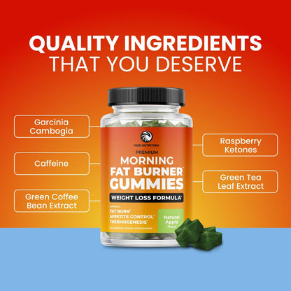 Nobi Nutrition Morgen Fatburner Gummies | Gewichtsverlust für Frauen & Männer | Appetitzügler & Stoffwechsel-Booster | Thermogener Bauchfettverbrenner mit Grüntee, Garcinia, Grüner Kaffeebohne & mehr | 60 Gummies