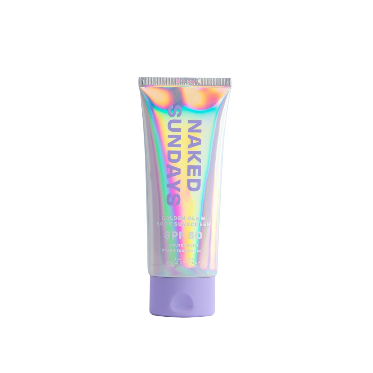 Naked Sundays SPF50 Golden Glow Body Sunscreen – Breitband UVA/UVB-Schutz, schimmernd, parfümfrei, straffend, 100 ml