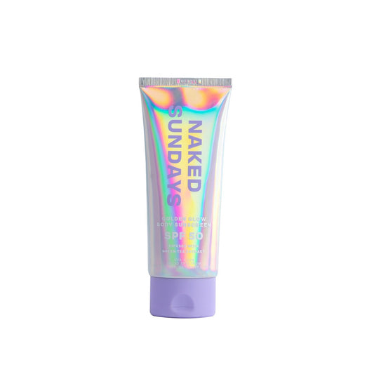 Naked Sundays SPF50 Golden Glow Body Sunscreen – Breitband UVA/UVB-Schutz, schimmernd, parfümfrei, straffend, 100 ml