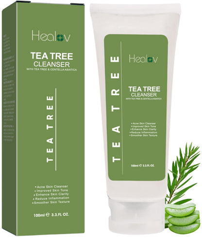 Tea Tree Gesichtsreiniger – Natürliche Teebaumseife, Peeling-Gesichtsreiniger – Teebaumöl gegen Akne, Hautreizungen und Pickel – Tiefenreinigende, feuchtigkeitsspendende Flüssigseife für ruhige, frische Haut