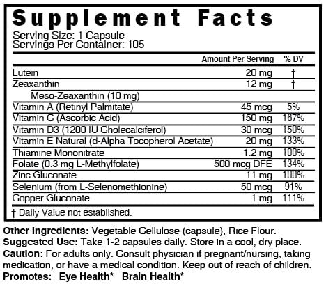 Nature's Fusions Nutri Lutein 20mg Augen Vitamine Komplex - Dreifache Carotinoid-Formel - Lutein und Zeaxanthin - Enthält Zink, Vitamine A, C, D3, E, Folsäure - 60 Kapseln - Nahrungsergänzungsmittel für die Augengesundheit