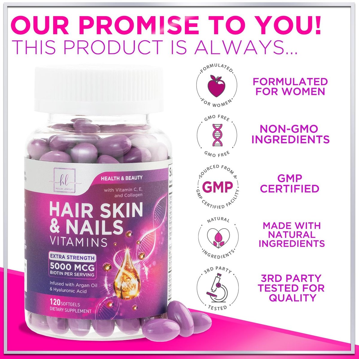 Haar-Vitamine für Frauen mit Arganöl, Kollagen, Biotin und Hyaluronsäure – Fördert schnelleres Haarwachstum, Haut- und Nagelpflege – 120 Softgels, hergestellt in den USA