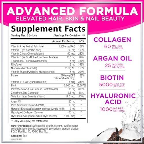 Haar-Vitamine für Frauen mit Arganöl, Kollagen, Biotin und Hyaluronsäure – Fördert schnelleres Haarwachstum, Haut- und Nagelpflege – 120 Softgels, hergestellt in den USA