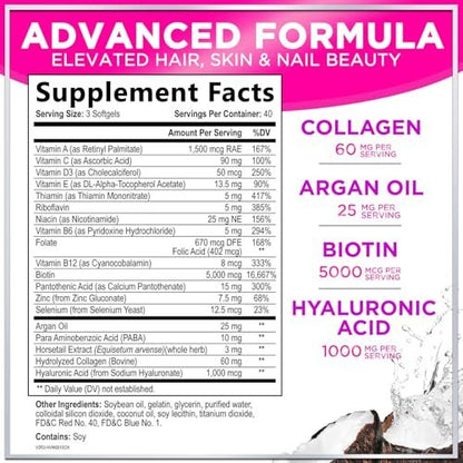 Haar-Vitamine für Frauen mit Arganöl, Kollagen, Biotin und Hyaluronsäure – Fördert schnelleres Haarwachstum, Haut- und Nagelpflege – 120 Softgels, hergestellt in den USA