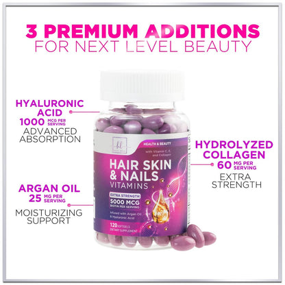 Haar-Vitamine für Frauen mit Arganöl, Kollagen, Biotin und Hyaluronsäure – Fördert schnelleres Haarwachstum, Haut- und Nagelpflege – 120 Softgels, hergestellt in den USA