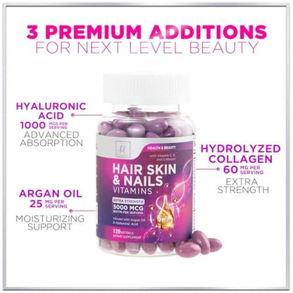Haar-Vitamine für Frauen mit Arganöl, Kollagen, Biotin und Hyaluronsäure – Fördert schnelleres Haarwachstum, Haut- und Nagelpflege – 120 Softgels, hergestellt in den USA