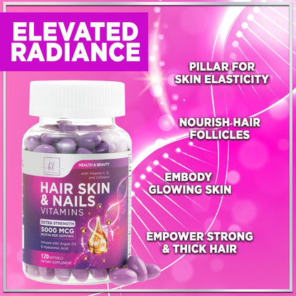 Haar-Vitamine für Frauen mit Arganöl, Kollagen, Biotin und Hyaluronsäure – Fördert schnelleres Haarwachstum, Haut- und Nagelpflege – 120 Softgels, hergestellt in den USA