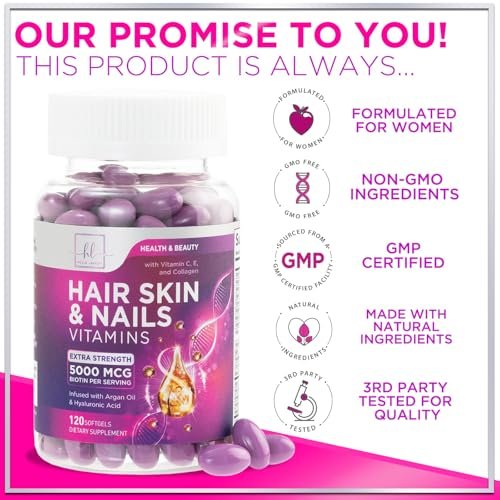 Haar-Vitamine für Frauen mit Arganöl, Kollagen, Biotin und Hyaluronsäure – Fördert schnelleres Haarwachstum, Haut- und Nagelpflege – 120 Softgels, hergestellt in den USA