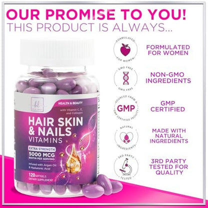Haar-Vitamine für Frauen mit Arganöl, Kollagen, Biotin und Hyaluronsäure – Fördert schnelleres Haarwachstum, Haut- und Nagelpflege – 120 Softgels, hergestellt in den USA