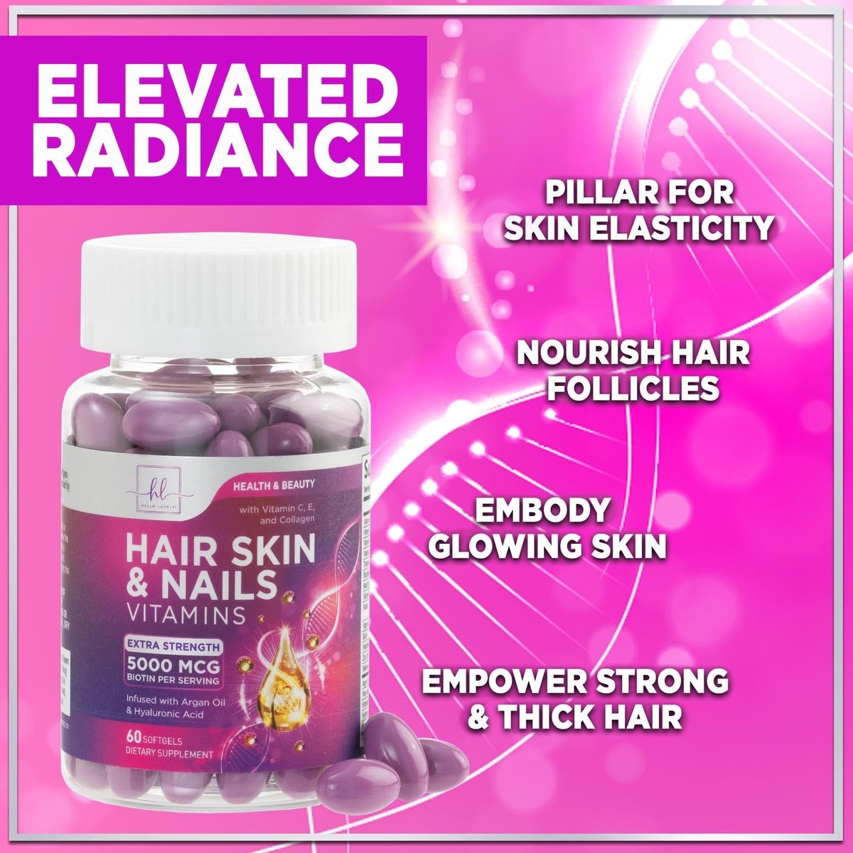 Haar Vitamine für Frauen für Haarwachstum - Argan-angereichertes Nahrungsergänzungsmittel mit Kollagen, Biotin und Hyaluronsäure - Unterstützt schnelleres Haarwachstum, Haut- und Nagel-Schönheitsvitamine, in den USA abgefüllt - 60 Softgels