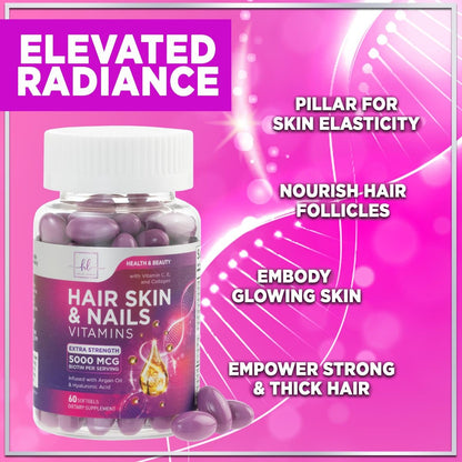 Haar Vitamine für Frauen für Haarwachstum - Argan-angereichertes Nahrungsergänzungsmittel mit Kollagen, Biotin und Hyaluronsäure - Unterstützt schnelleres Haarwachstum, Haut- und Nagel-Schönheitsvitamine, in den USA abgefüllt - 60 Softgels