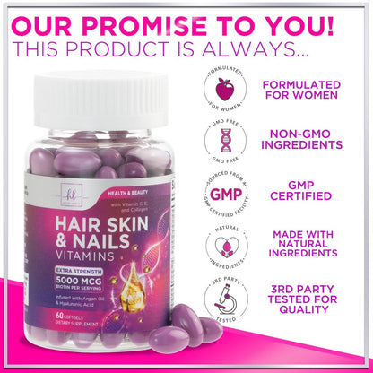 Haar Vitamine für Frauen für Haarwachstum - Argan-angereichertes Nahrungsergänzungsmittel mit Kollagen, Biotin und Hyaluronsäure - Unterstützt schnelleres Haarwachstum, Haut- und Nagel-Schönheitsvitamine, in den USA abgefüllt - 60 Softgels