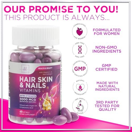 Haar Vitamine für Frauen für Haarwachstum - Argan-angereichertes Nahrungsergänzungsmittel mit Kollagen, Biotin und Hyaluronsäure - Unterstützt schnelleres Haarwachstum, Haut- und Nagel-Schönheitsvitamine, in den USA abgefüllt - 60 Softgels