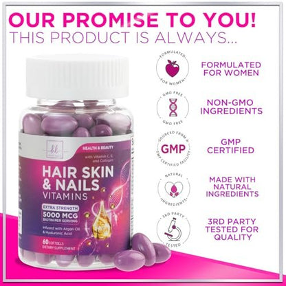 Haar Vitamine für Frauen für Haarwachstum - Argan-angereichertes Nahrungsergänzungsmittel mit Kollagen, Biotin und Hyaluronsäure - Unterstützt schnelleres Haarwachstum, Haut- und Nagel-Schönheitsvitamine, in den USA abgefüllt - 60 Softgels