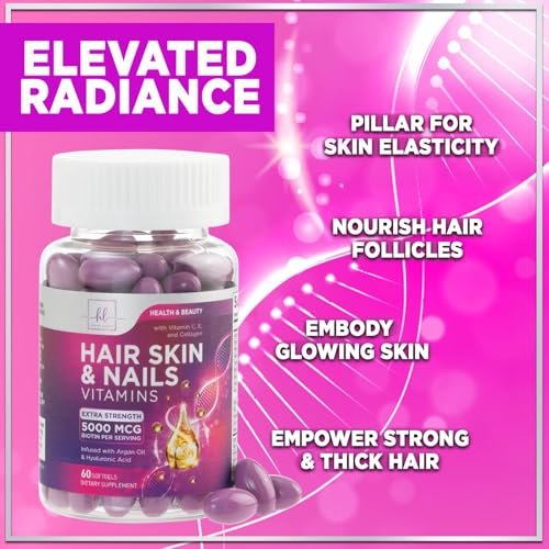 Haar Vitamine für Frauen für Haarwachstum - Argan-angereichertes Nahrungsergänzungsmittel mit Kollagen, Biotin und Hyaluronsäure - Unterstützt schnelleres Haarwachstum, Haut- und Nagel-Schönheitsvitamine, in den USA abgefüllt - 60 Softgels