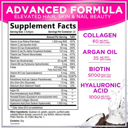 Haar Vitamine für Frauen für Haarwachstum - Argan-angereichertes Nahrungsergänzungsmittel mit Kollagen, Biotin und Hyaluronsäure - Unterstützt schnelleres Haarwachstum, Haut- und Nagel-Schönheitsvitamine, in den USA abgefüllt - 60 Softgels