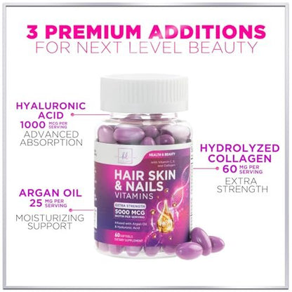 Haar Vitamine für Frauen für Haarwachstum - Argan-angereichertes Nahrungsergänzungsmittel mit Kollagen, Biotin und Hyaluronsäure - Unterstützt schnelleres Haarwachstum, Haut- und Nagel-Schönheitsvitamine, in den USA abgefüllt - 60 Softgels