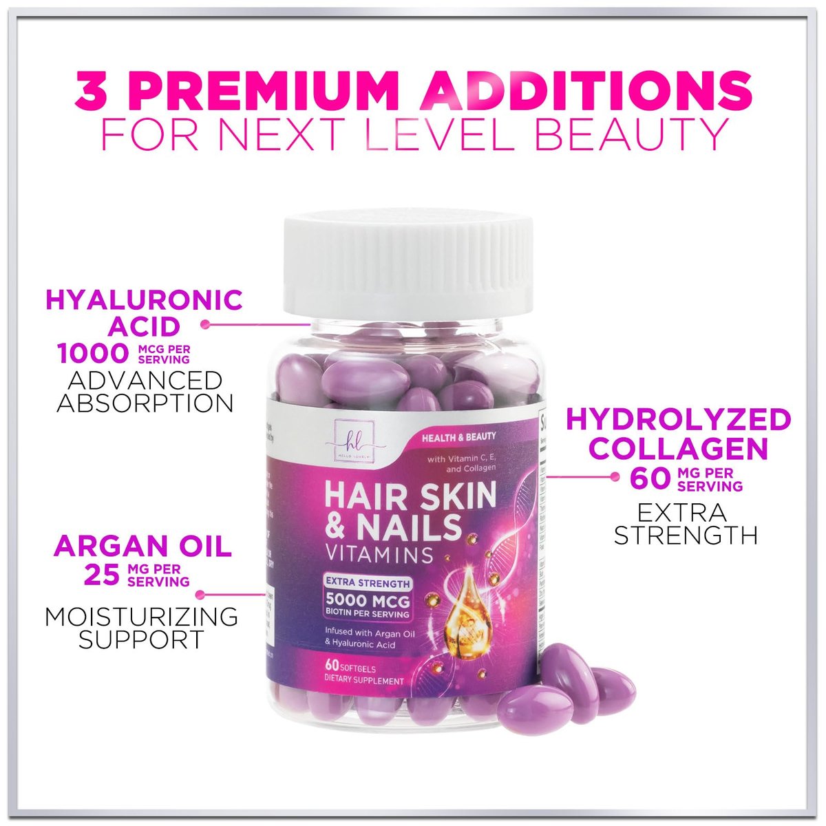 Haar Vitamine für Frauen für Haarwachstum - Argan-angereichertes Nahrungsergänzungsmittel mit Kollagen, Biotin und Hyaluronsäure - Unterstützt schnelleres Haarwachstum, Haut- und Nagel-Schönheitsvitamine, in den USA abgefüllt - 60 Softgels