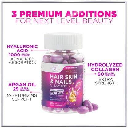 Haar Vitamine für Frauen für Haarwachstum - Argan-angereichertes Nahrungsergänzungsmittel mit Kollagen, Biotin und Hyaluronsäure - Unterstützt schnelleres Haarwachstum, Haut- und Nagel-Schönheitsvitamine, in den USA abgefüllt - 60 Softgels