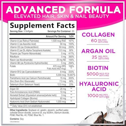 Haar Vitamine für Frauen für Haarwachstum - Argan-angereichertes Nahrungsergänzungsmittel mit Kollagen, Biotin und Hyaluronsäure - Unterstützt schnelleres Haarwachstum, Haut- und Nagel-Schönheitsvitamine, in den USA abgefüllt - 60 Softgels