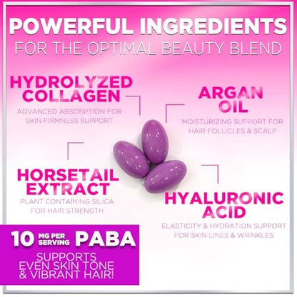 Haar Vitamine für Frauen für Haarwachstum - Argan-angereichertes Nahrungsergänzungsmittel mit Kollagen, Biotin und Hyaluronsäure - Unterstützt schnelleres Haarwachstum, Haut- und Nagel-Schönheitsvitamine, in den USA abgefüllt - 60 Softgels