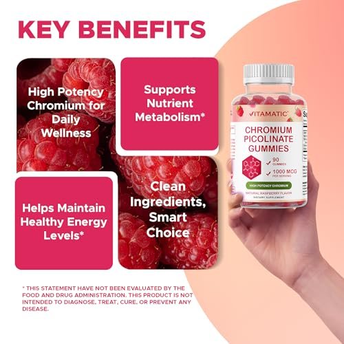 Vitamatic Chrompicolinat 1000 mcg – 90 Gummis – Hochdosiertes Chrom – Himbeergeschmack (Insgesamt 180 Gummis) 2er-Pack