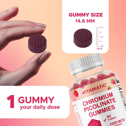 Vitamatic Chrompicolinat 1000 mcg – 90 Gummis – Hochdosiertes Chrom – Himbeergeschmack (Insgesamt 180 Gummis) 2er-Pack