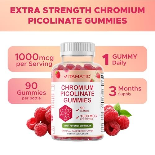 Vitamatic Chrompicolinat 1000 mcg – 90 Gummis – Hochdosiertes Chrom – Himbeergeschmack (Insgesamt 180 Gummis) 2er-Pack