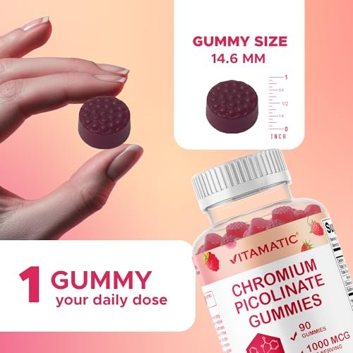 Vitamatic Chrompicolinat 1000 mcg – 90 Gummis – Hochdosiertes Chrom – Himbeergeschmack (Insgesamt 180 Gummis) 2er-Pack