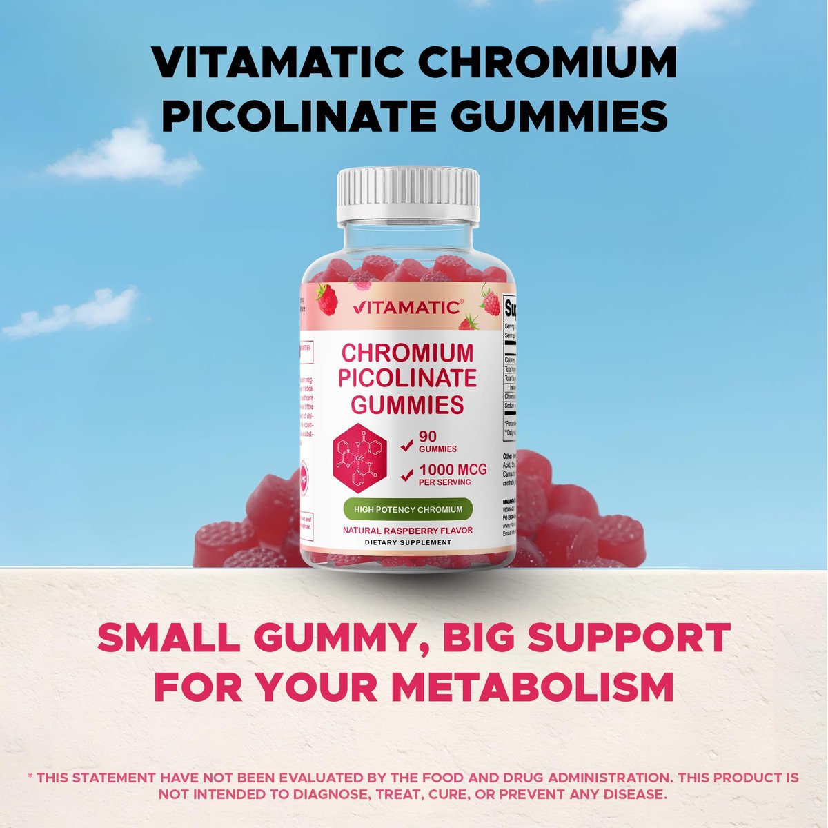 Vitamatic Chrompicolinat 1000 mcg – 90 Gummis – Hochdosiertes Chrom – Himbeergeschmack (Insgesamt 180 Gummis) 2er-Pack