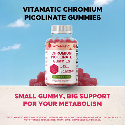 Vitamatic Chrompicolinat 1000 mcg – 90 Gummis – Hochdosiertes Chrom – Himbeergeschmack (Insgesamt 180 Gummis) 2er-Pack