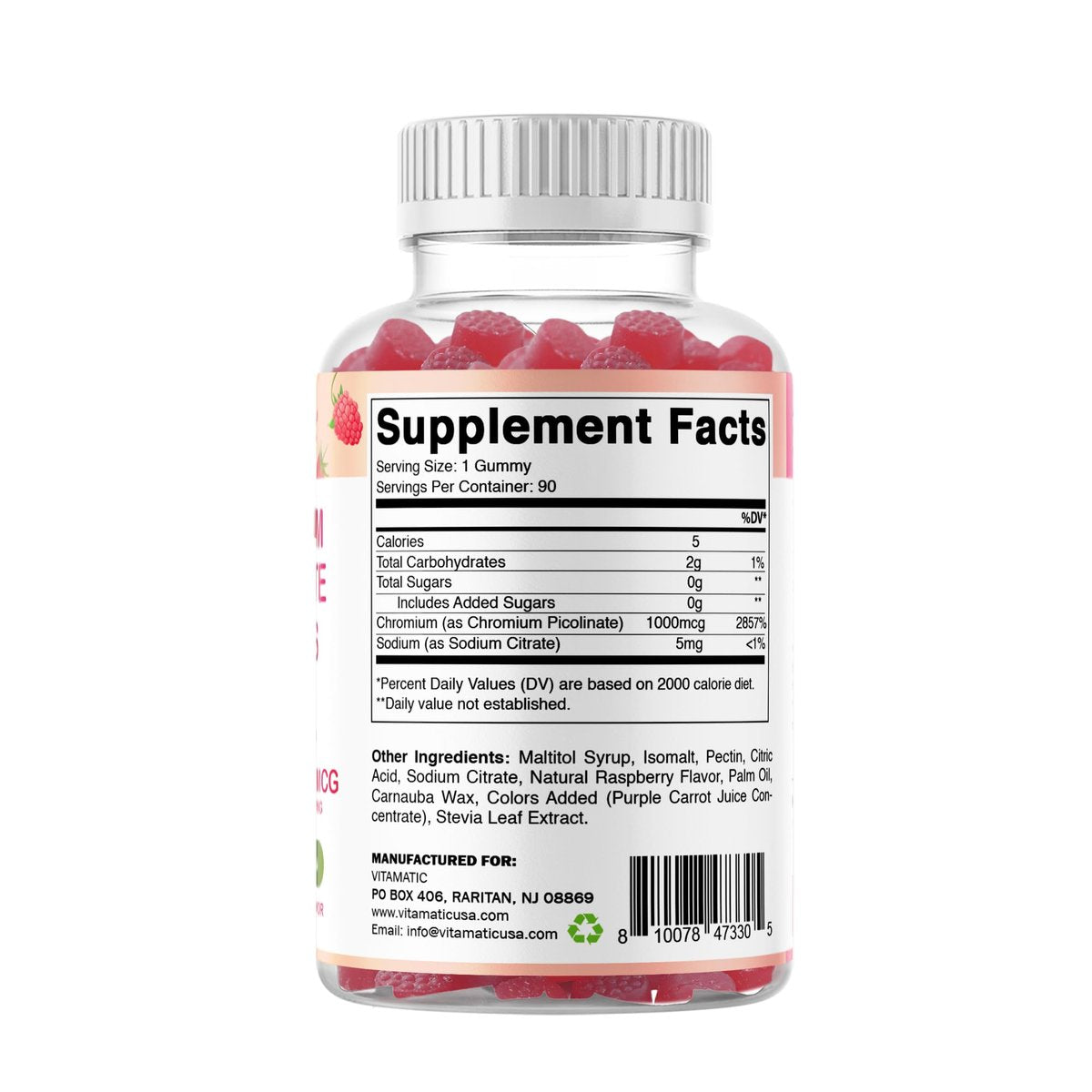 Vitamatic Chrompicolinat 1000 mcg – 90 Gummis – Hochdosiertes Chrom – Himbeergeschmack (Insgesamt 180 Gummis) 2er-Pack
