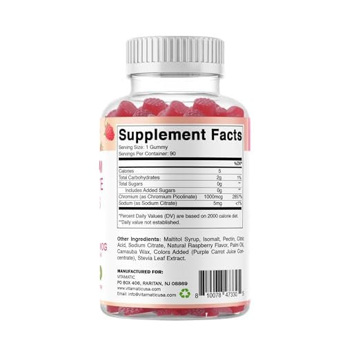 Vitamatic Chrompicolinat 1000 mcg – 90 Gummis – Hochdosiertes Chrom – Himbeergeschmack (Insgesamt 180 Gummis) 2er-Pack