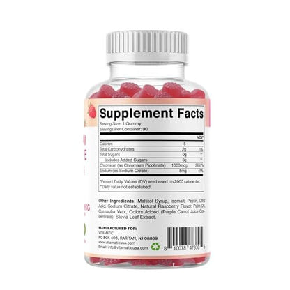 Vitamatic Chrompicolinat 1000 mcg – 90 Gummis – Hochdosiertes Chrom – Himbeergeschmack (Insgesamt 180 Gummis) 2er-Pack