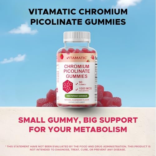 Vitamatic Chrompicolinat 1000 mcg – 90 Gummis – Hochdosiertes Chrom – Himbeergeschmack (Insgesamt 180 Gummis) 2er-Pack
