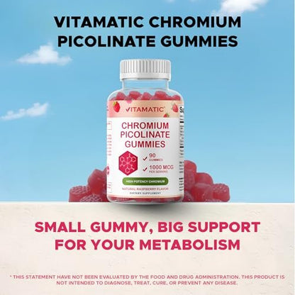 Vitamatic Chrompicolinat 1000 mcg – 90 Gummis – Hochdosiertes Chrom – Himbeergeschmack (Insgesamt 180 Gummis) 2er-Pack