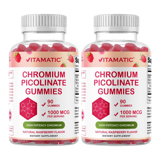 Vitamatic Chrompicolinat 1000 mcg – 90 Gummis – Hochdosiertes Chrom – Himbeergeschmack (Insgesamt 180 Gummis) 2er-Pack