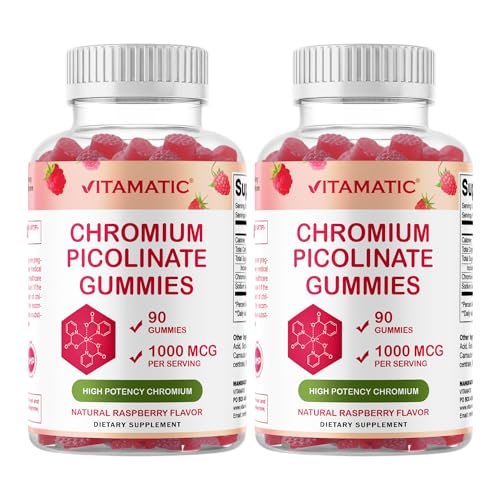 Vitamatic Chrompicolinat 1000 mcg – 90 Gummis – Hochdosiertes Chrom – Himbeergeschmack (Insgesamt 180 Gummis) 2er-Pack