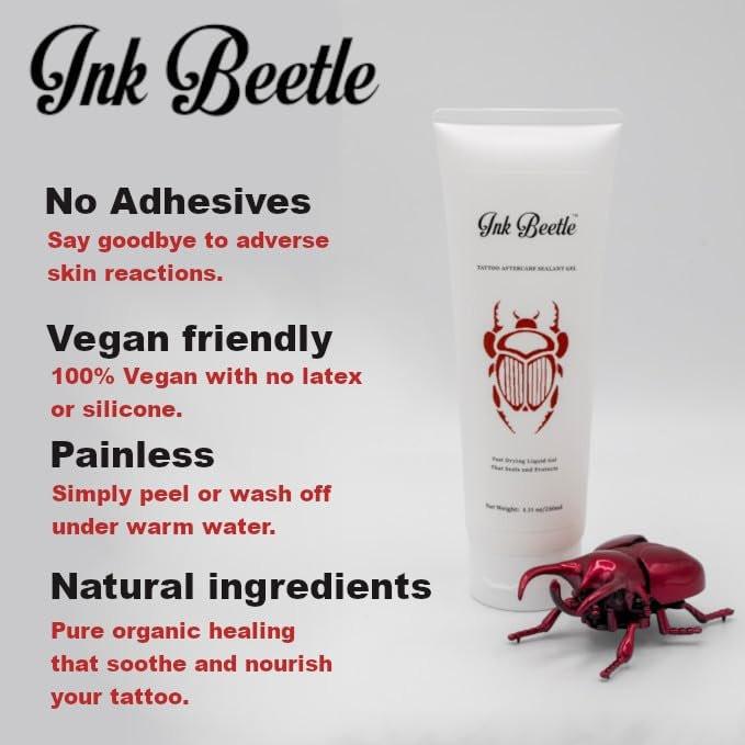 Ink Beetle Tattoo Aftercare Sealant Gel – 240 ml – Atmungsaktive Schutzschicht ohne Klebstoff oder Latex – Natürliche Heilungsinhaltsstoffe – Schmerzloses Abwaschen – Keine Hautreizungen