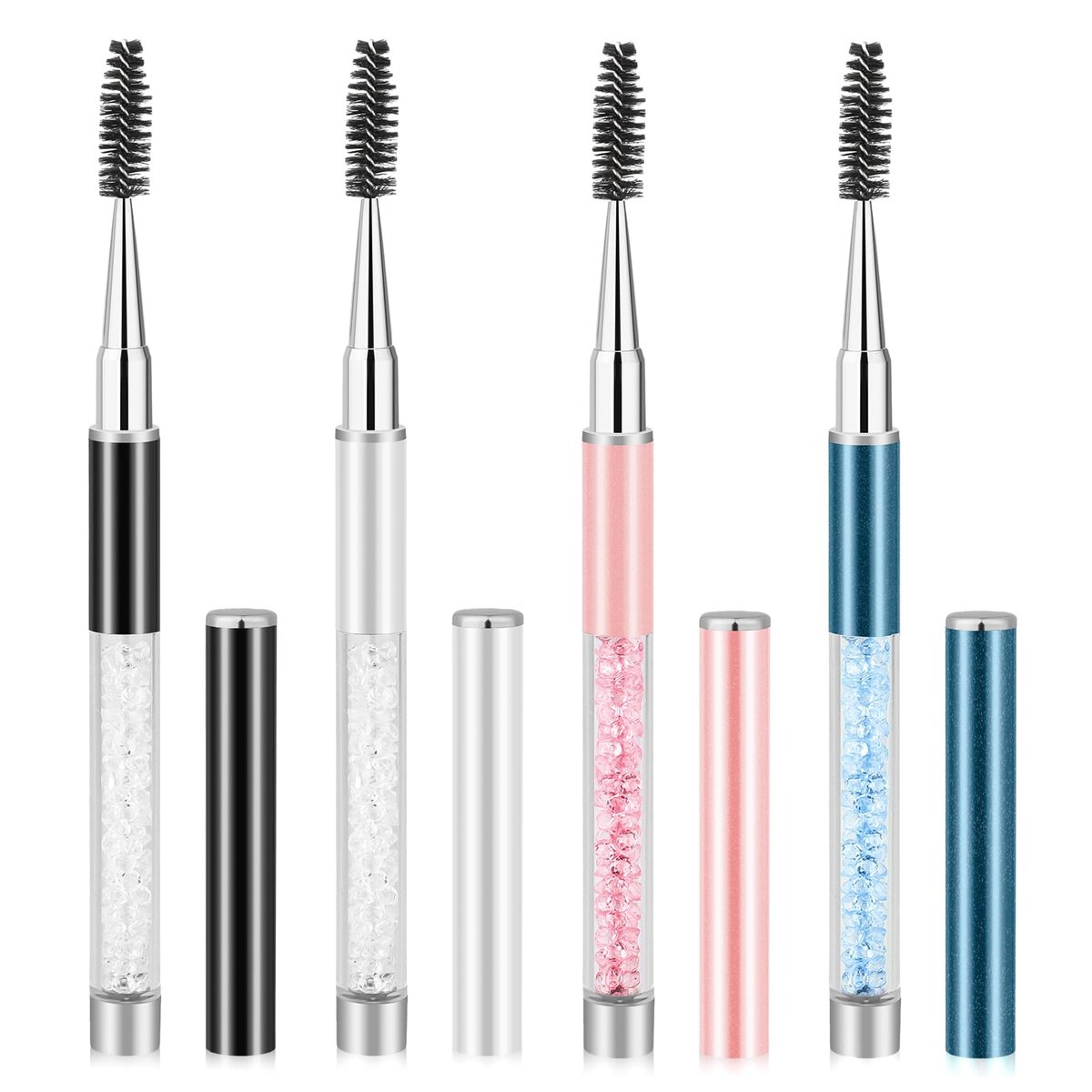 Spoolies Mascara Wimpernbürsten mit Kappe – 4 Stück tragbare Augenbrauenbürsten, wiederverwendbar, für Wimpernverlängerungen, Make-up-Zubehör für Frauen