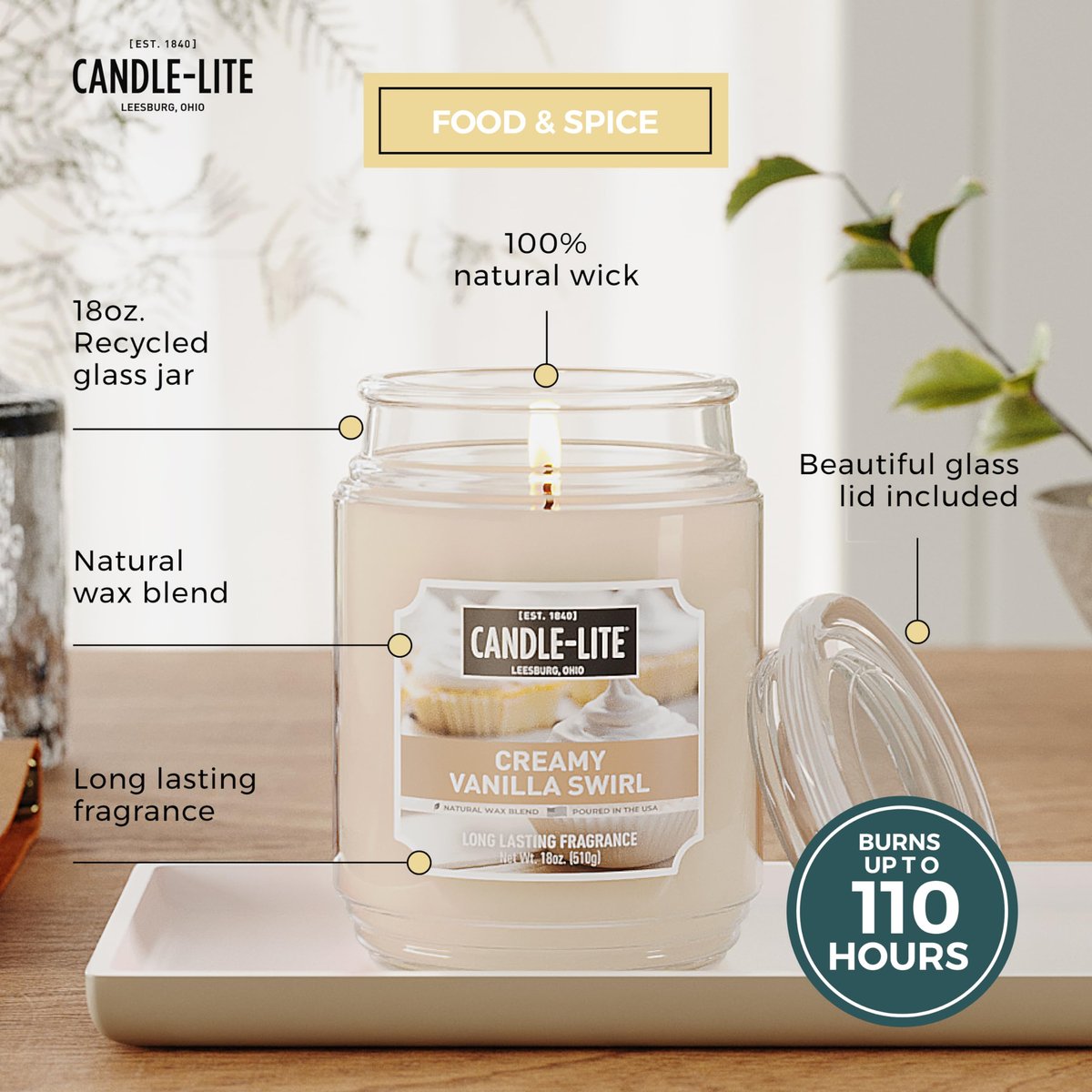 Candle-lite Herbst-Duftkerzen, Cremiger Vanille-Zwirbel, 18 oz Glas, Stolz in den USA gegossen, Aromatherapie-Kerze, Einzeldocht mit 110 Stunden Brenndauer, Perfekt für eine entspannte Atmosphäre