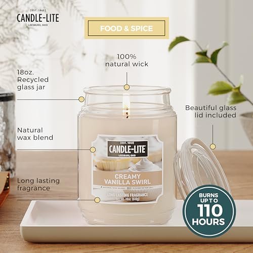 Candle-lite Herbst-Duftkerzen, Cremiger Vanille-Zwirbel, 18 oz Glas, Stolz in den USA gegossen, Aromatherapie-Kerze, Einzeldocht mit 110 Stunden Brenndauer, Perfekt für eine entspannte Atmosphäre