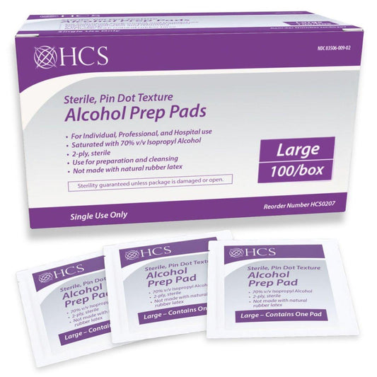 HCS Große Alkohol-Vorbereitungspads - Strukturiert, 70% Isopropylalkohol-Tücher, einzeln verpackt - 2-lagige sterile Hautvorbereitungstücher für Injektionen, Erste Hilfe (100/Box)