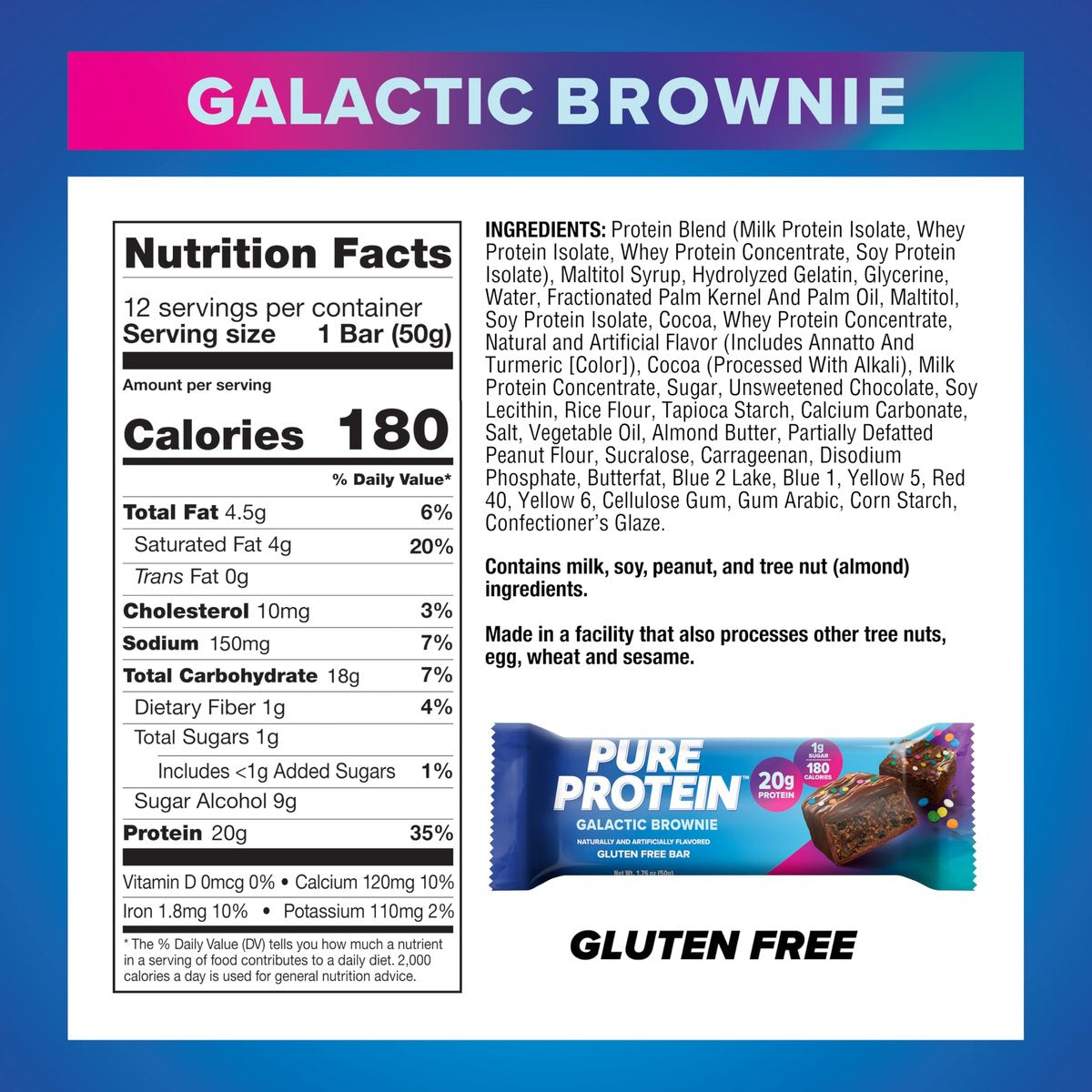 Pure Protein Galactic Brownie Proteinriegel – 20g Protein, 3g Zucker, 190 Kalorien (12er Pack) Zuckerarm* High Protein Snack - Glutenfrei - Perfekt für einen gesunden Snack