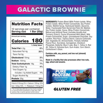 Pure Protein Galactic Brownie Proteinriegel – 20g Protein, 3g Zucker, 190 Kalorien (12er Pack) Zuckerarm* High Protein Snack - Glutenfrei - Perfekt für einen gesunden Snack