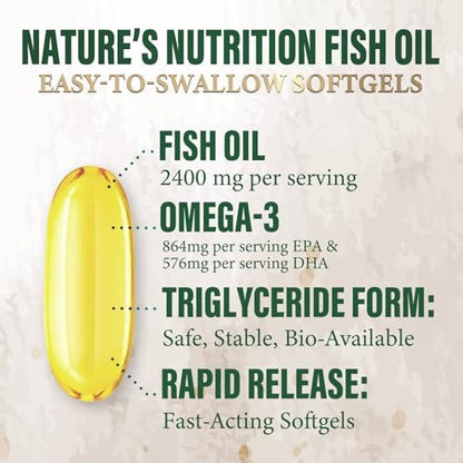 Omega 3 Fischöl Kapseln - 2400mg Fischöl pro Portion - Dreifach-Stärke Omega-3 mit EPA & DHA - Unterstützt Herz, Gehirn & Immunsystem - Wild gefangen, in den USA abgefüllt - 120 Softgels