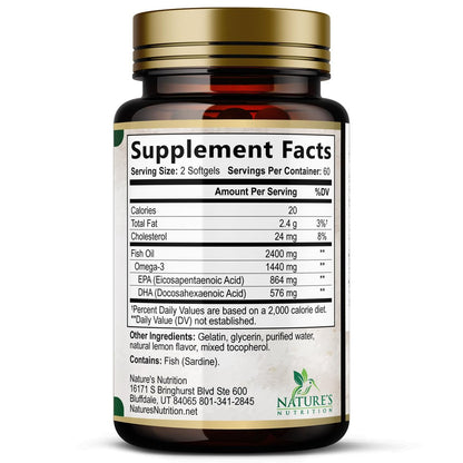Omega 3 Fischöl Kapseln - 2400mg Fischöl pro Portion - Dreifach-Stärke Omega-3 mit EPA & DHA - Unterstützt Herz, Gehirn & Immunsystem - Wild gefangen, in den USA abgefüllt - 120 Softgels