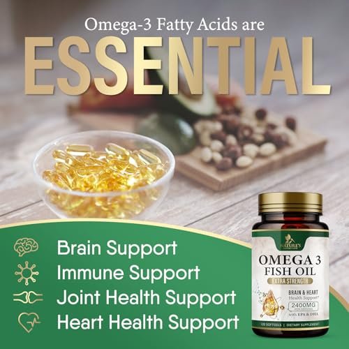 Omega 3 Fischöl Kapseln - 2400mg Fischöl pro Portion - Dreifach-Stärke Omega-3 mit EPA & DHA - Unterstützt Herz, Gehirn & Immunsystem - Wild gefangen, in den USA abgefüllt - 120 Softgels